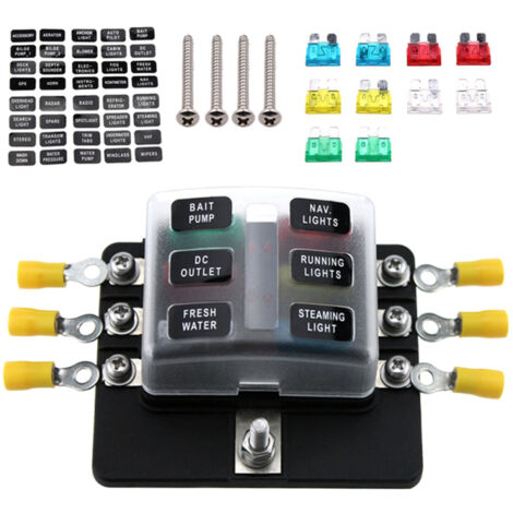 Caja de fusibles de 6 vías con indicador LED, 10 fusibles y 10 terminales para coche, barco, caravana, 12V/24V