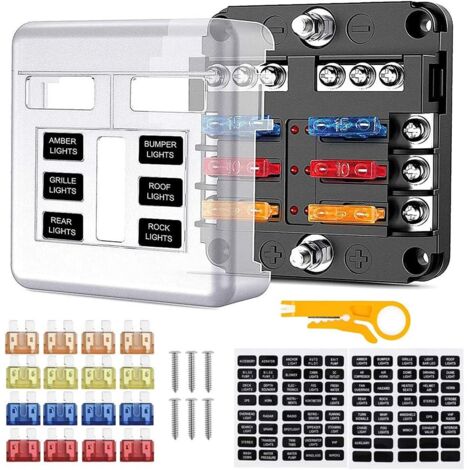 Caja de fusibles de 6 vías, portafusibles con bus negativo, bloques de fusibles de cuchilla con 16 fusibles, 6 indicadores LED y cubierta protectora para 12 V/24 V, coche, barco, camión, SUV.
