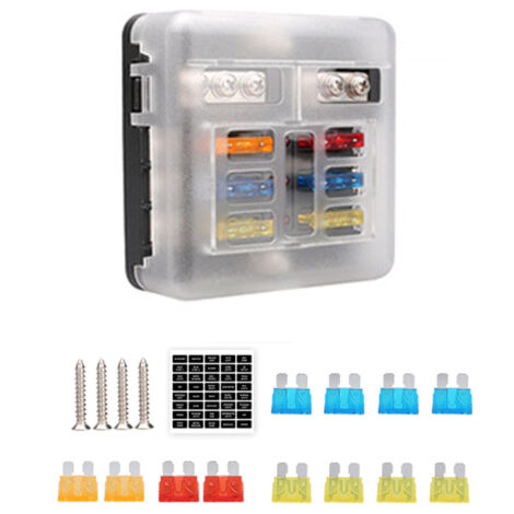 Caja de fusibles universal de 6 vías para coche, con electrodos e indicador LED.