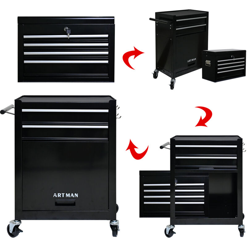 Caja de herramientas con ruedas de gran capacidad, 6 cajones, armario de herramientas metálico con ruedas, color negro