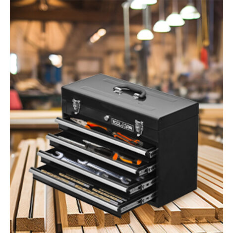 Caja de herramientas metálica de 51 cm con 4 cajones. Portátil. Con forro protector. Pestillos y cerraduras metálicas. Color negro