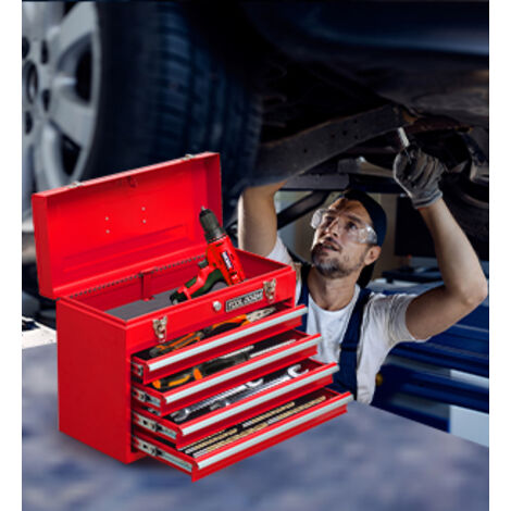 Caja de herramientas metálica de 51 cm con 4 cajones. Portátil. Con forro protector. Pestillos y cerraduras metálicas. Color rojo.