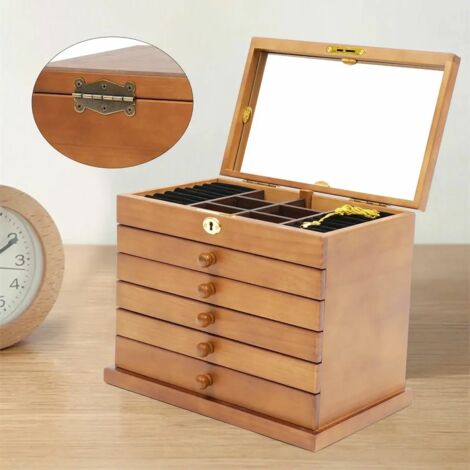 Caja de joyas de madera de 6 compartimentos con espejo, color marrón, 29,5 x 18,5 x 25 cm, regalo para las fiestas