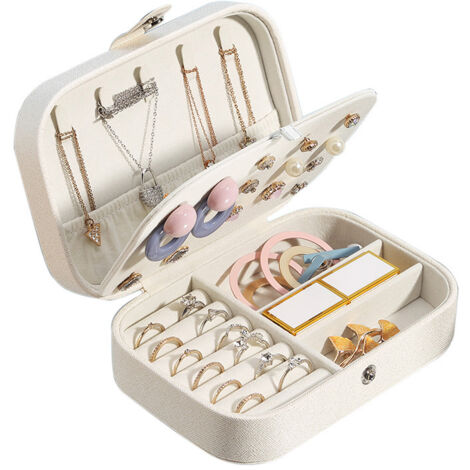 Caja de joyería, estuche pequeño para joyas para mujeres y niñas, organizador de joyas de viaje, para anillos, pendientes, collares y pulseras (blanco)