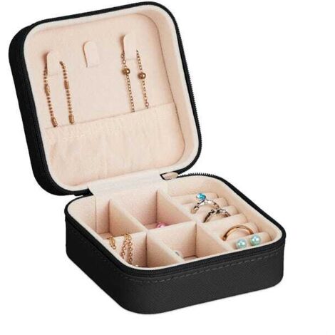 Caja de joyería Relaxdays, práctico sistema de almacenamiento para anillos y cadenas, Alto x Ancho x Profundidad: 5 x 10 x 10 cm, negro