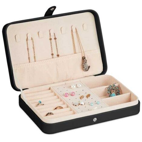 Caja de joyería Relaxdays, práctico sistema de almacenamiento para anillos y cadenas, ideal para viajes, 4,5 x 21 x 14,5 cm (alto x ancho x profundidad), color negro.