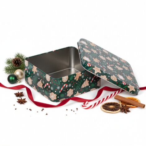 CAJA DE LATA NAVIDE脩A PARA GALLETAS, PAN DE JENGIBRE, DULCES, VARILLAS 15X15X7 CM