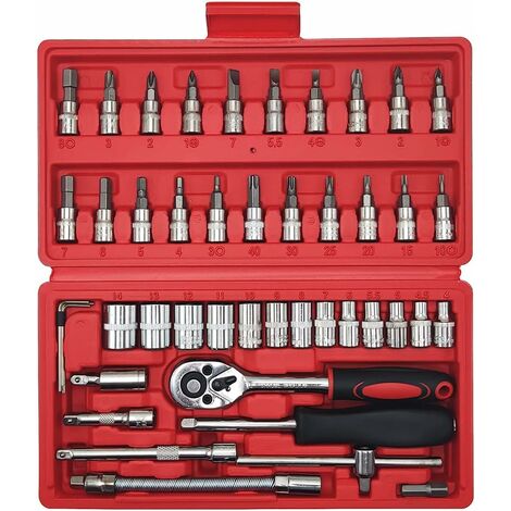 Caja de llaves de carraca, llave de carraca de 1/4'', llaves de vaso y cajas, herramientas mecánicas profesionales para automóviles, utilizadas para bicicletas, motores de motocicletas (46 PCS)