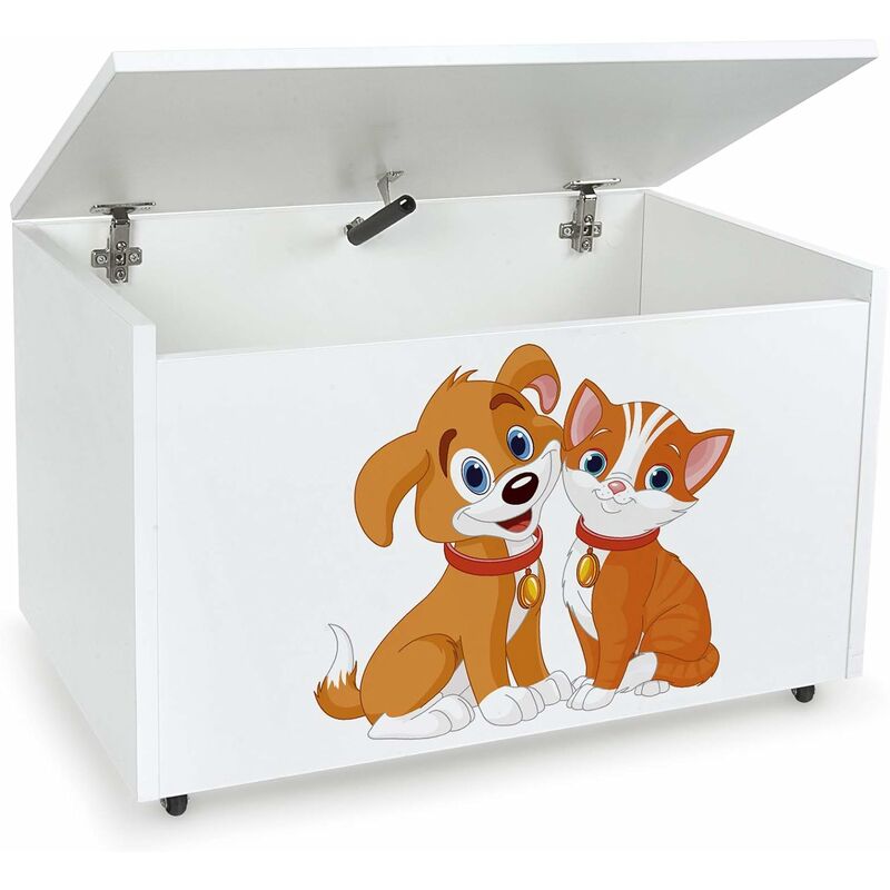 

Caja de madera blanca móvil, Motivo: El gato y el perro