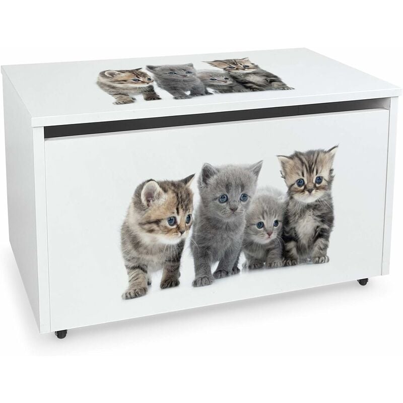 

Caja de madera blanca móvil, Motivo: Familia de los gatitos