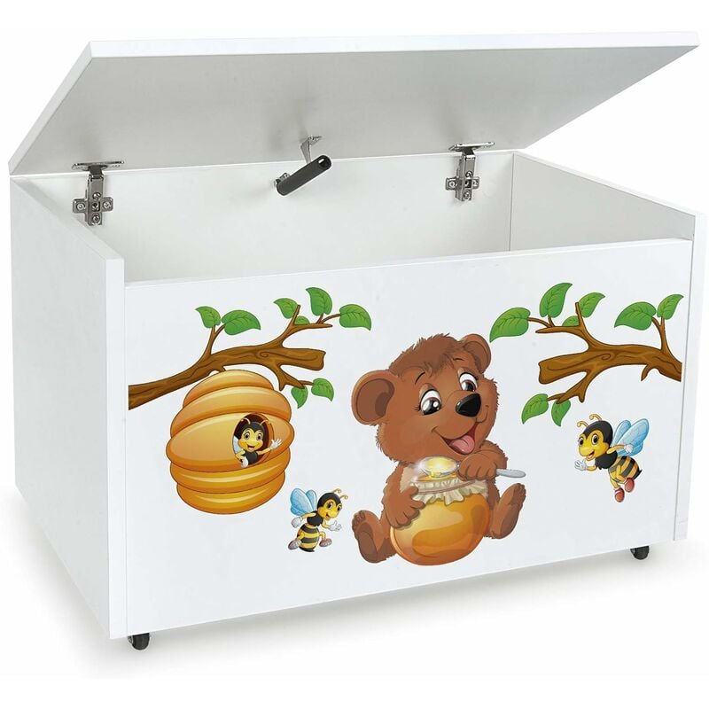 

Caja de madera blanca móvil XXL, Motivo: Oso y abejas