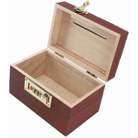Caja de madera para monedas con cerradura de combinación, estilo vintage, con asa y bordes sin rematar.
