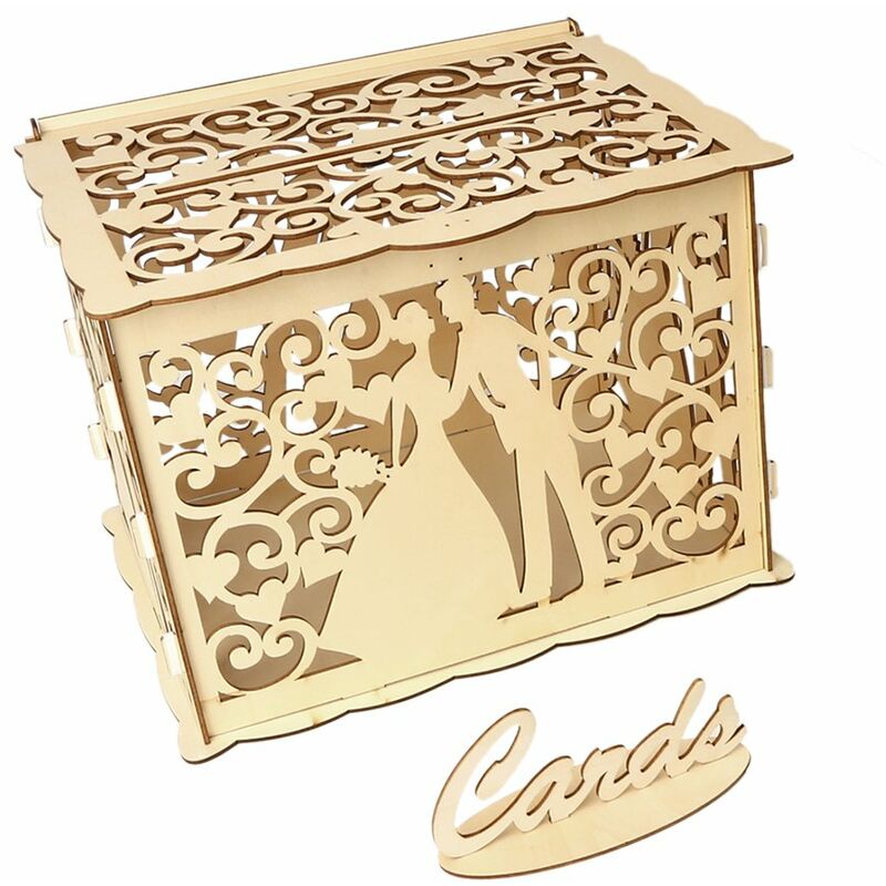

Happyshopping - Caja de madera para tarjetas de boda de bricolaje con candado y letrero de tarjeta Tarjetero de regalo hueco rustico para recepcion