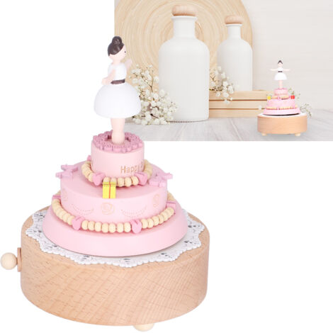 Caja de música de madera con figura de niña sobre pastel de cumpleaños, artesanía decorativa, regalo festivo – madera de haya, 415 g, 17 cm, empaquetada individualmente