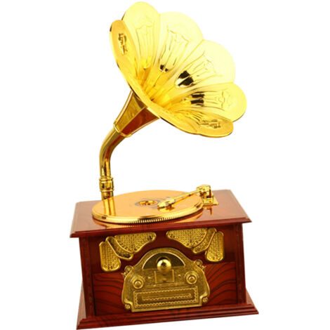 Caja de música vintage con gramófono, decoración musical para el hogar o la oficina, ABS, 350 g, marrón sólido