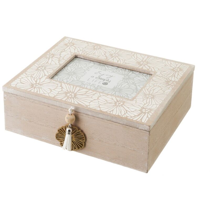 

Lolahome - Caja de pino y cristal con portafotos blanca y natural de 24x20x8 cm