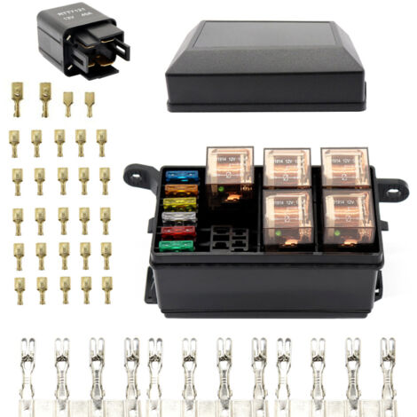 Caja de relés de 12 ranuras con 6 ranuras para relés, 6 portafusibles ATC/ATO estándar, 6 relés y 6 fusibles. Uso universal para aplicaciones automotrices y marinas.
