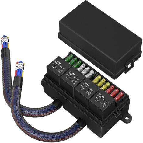 Caja de relés y fusibles para automóviles de 12 V precableada con 4 relés ATC/ATO sellados de 12 V y fusibles.