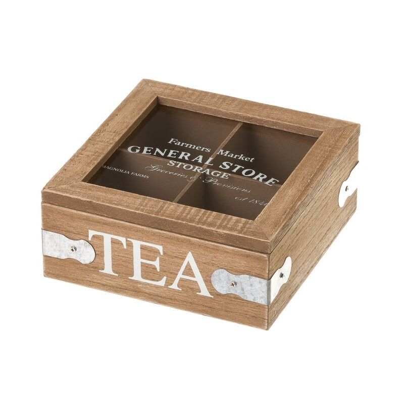 

Caja de té de madera y cristal beige de 7x16x16 cm