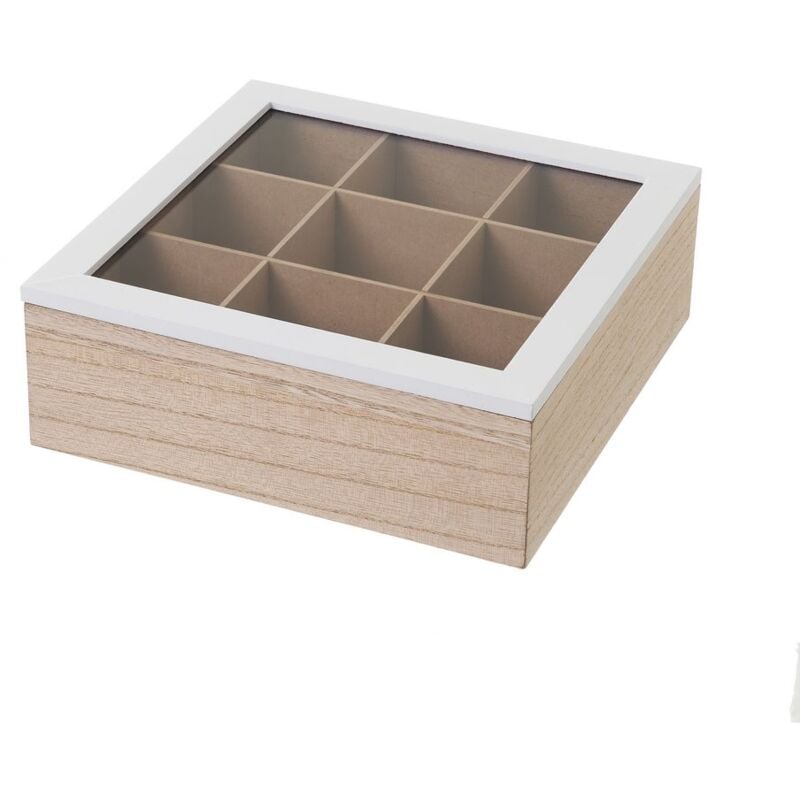 

Caja de té de madera y cristal natural con 9 compartimentosde 23x23x8 cm