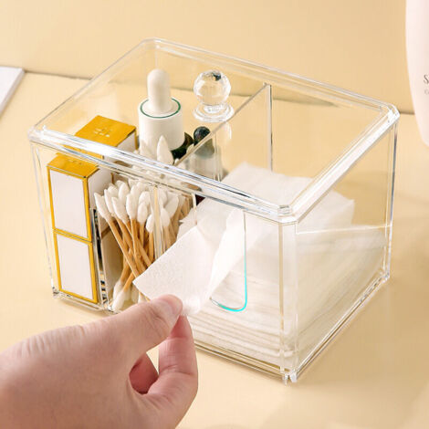 Caja de toallas sanitarias de acrílico con tapa, dispensador de toallas sanitarias de 4 compartimentos, soporte rectangular para toallas sanitarias, organizador de maquillaje para baño