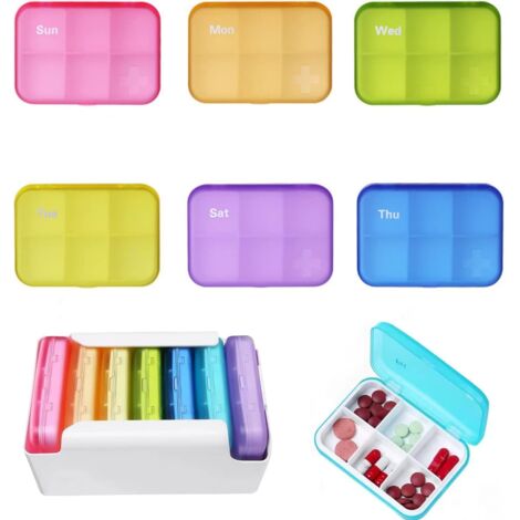 Caja de viaje colorida con 7 compartimentos para 6 usos al día, caja de almacenamiento portátil para 7 días con 6 compartimentos y tapa a prueba de humedad.