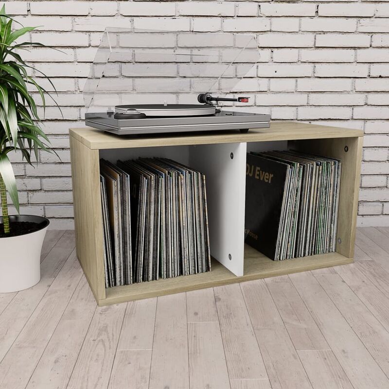 

Caja discos de vinilo aglomerado blanco y Sonoma 71x34x36 cm