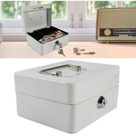 Caja fuerte portátil de hierro con llave - mini caja de seguridad/caja de dinero - 6 compartimentos - 15 x 12 x 7,5 cm - (Blanco)