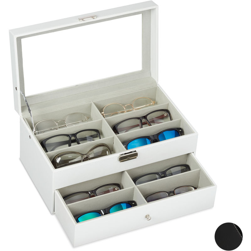 

Caja Gafas con 12 Compartimentos, Organizador, 1 Ud, Cuero Sintético-Cristal, 15,5 x 33,5 x 19 cm, Blanco