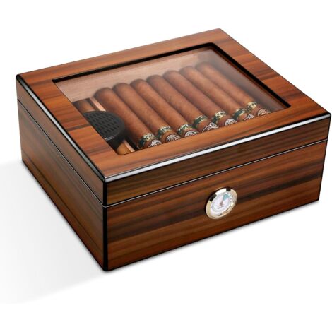Caja humidor de vidrio y madera de cedro con separador, higrómetro y humidificador - Marrón - OTRO