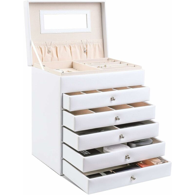 

Caja Joyero 6 Niveles, Caja para Joyas con Espejo y Cajones, para Pendientes, Collares, Pulseras, Anillos, Relojes, Regalo para la Navidad y el Año