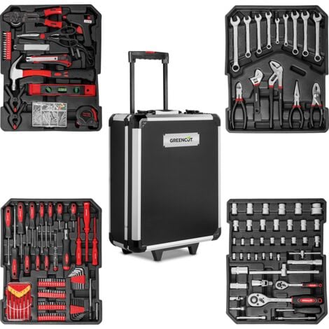 Caja maleta de herramientas, 4 compartimentos extraíbles con 819 piezas, trolley de aluminio con ruedas, herramientas de acero cromo vanadio - Greencut TOOLS819