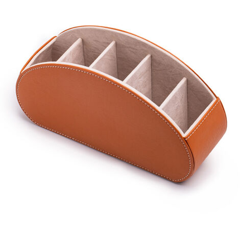 Caja marrón para guardar mandos a distancia de TV con 5 compartimentos. Organizador de escritorio multifuncional de piel sintética. Incluye soporte para pinceles, lápices y gafas.