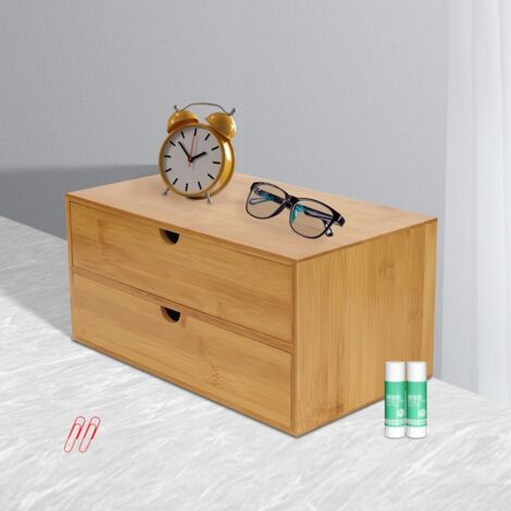 Caja organizadora de bambú para escritorio - mini caja organizadora de bambú para escritorio con 2 cajones