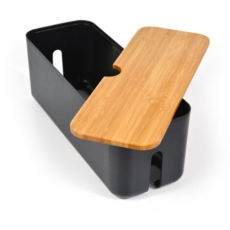 Caja organizadora de cables con tapa de madera, para guardar y ocultar los cables del ordenador, negra
