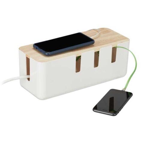 Caja organizadora de cables para 2 regletas, tapa de madera, plástico, 11,5 x 30,5 x 12,5 cm (alto x ancho), blanca.