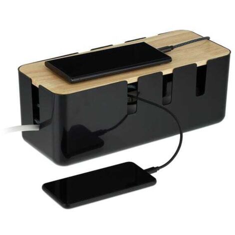 Caja organizadora de cables Relaxdays, para 2 regletas, tapa de madera, plástico, 11,5 x 30,5 x 12,5 cm (alto x ancho x profundidad), color negro.