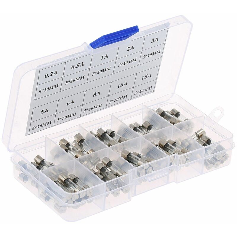 

Caja Pack 100 fusibles 5x20 - 10 fusibles de 10 valores diferentes de 0,2A a 15 A