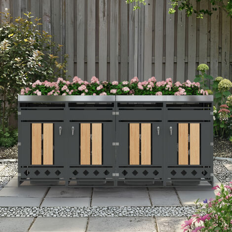 Caja para cubo de basura con orificios de ventilación en forma de diamante, compartimentos para basura, con cerradura, cuatro puertas, zona para plantas, panel de la puerta con vetas de madera vertica