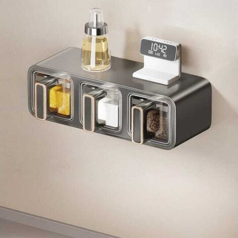 Caja para especias de cocina, juego de 3 botes para especias, montaje en pared, no requiere taladrar, para almacenar sal y otros condimentos - 26,5 × 13,3 × 9,6 cm