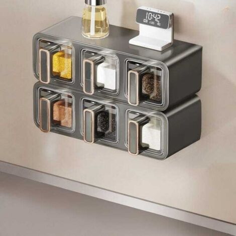 Caja para especias de cocina, juego de 6 botes para especias, montaje en pared, no requiere taladrar, para almacenar sal y otros condimentos - 26,5 × 13,3 × 19,2 cm