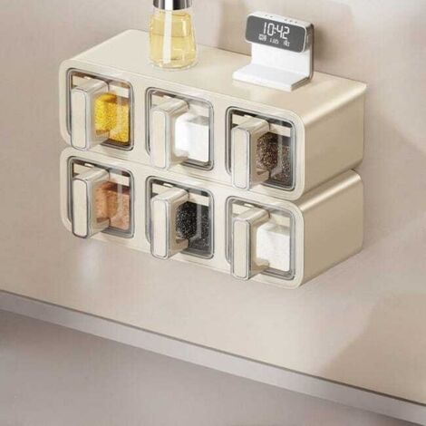 Caja para especias de cocina, juego de 6 botes para especias, montaje en pared, no requiere taladrar, para almacenar sal y otros condimentos - 26,5 × 13,3 × 19,2 cm
