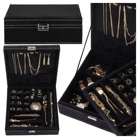 Caja para joyas 26x26x9 cm negro, organizador de terciopelo con compartimentos