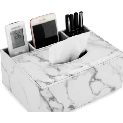 Caja rectangular para pañuelos de piel sintética con compartimento para mando a distancia y soporte para toallas, ideal para el hogar y la oficina, con estampado de mármol blanco (26,5 x 16,5 x 8,5 cm