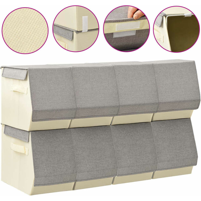 

Cajas de almacenaje apilables con tapa 8 uds tela gris y crema