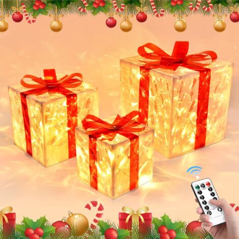 Cajas de regalo navideñas iluminadas, juego de 3, con luces LED, lazo y temporizador, para decoración del hogar (juego de 3)