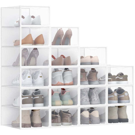 Cajas de zapatos de plástico organizadoras con puerta set de 12 apilables fácil montaje 332 x 23 x 145 cm para tamaño hasta 43 transparente y blanco 120004465