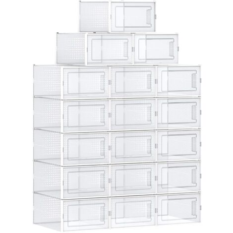 Cajas de Zapatos, Paquete de 18 Organizadores de Almacenamiento, Plegables y Apilables para Zapatillas hasta talla 46, Transparente y Blanco
