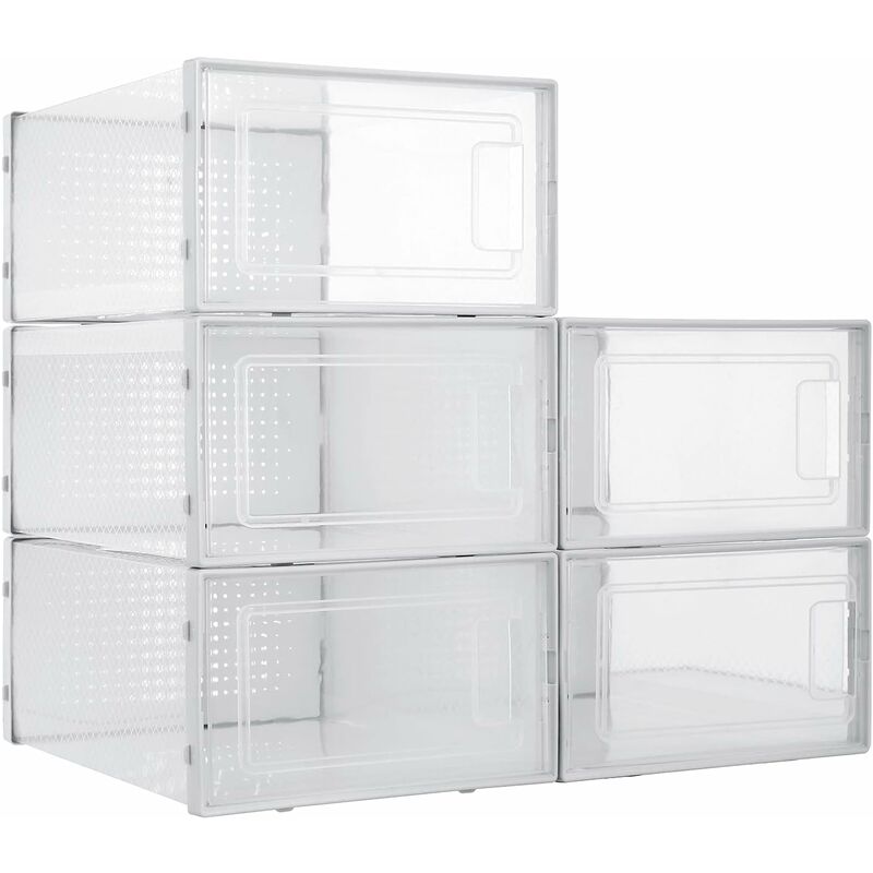 

Cajas de Zapatos Plasticas, Organizadores de Almacenamiento con Marco Blanco, 5 PCS, Apilable y Impermeable, Ahorro de Espacio, 34.5x24x14.3cm