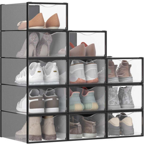 Cajas organizadoras de zapatos de plástico con puerta juego de 12 apilables fácil montaje 332 x 23 x 145 cm para tallas de calzado hasta 43 color negro 120004466